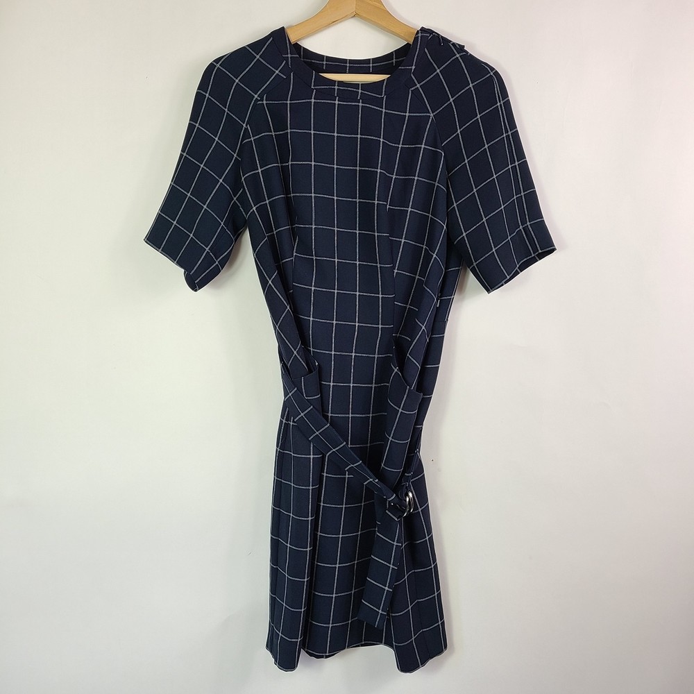 Whistles Navy Windowpane Check Plaid Sheath Dress Size 8